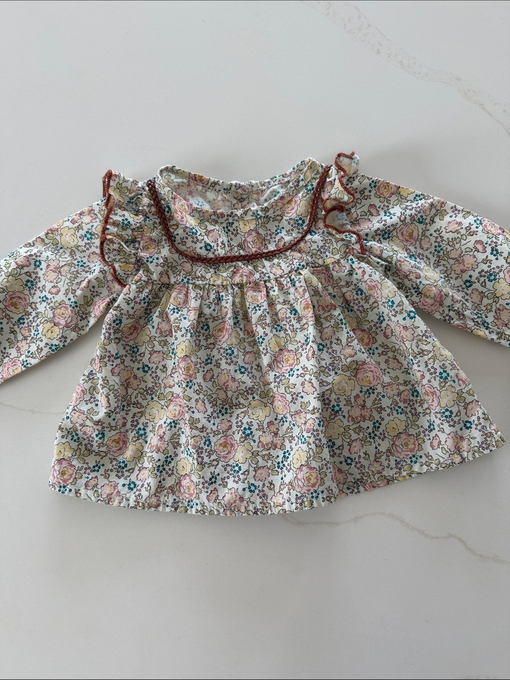Floral Puff Long Sleeve Baby Top - Pastel Roses